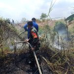 Monitoring Kebakaran Lahan, Babinsa dan Warga Bantu Petugas Damkar Padamkan Api di Bukit Klutum Kota Baru