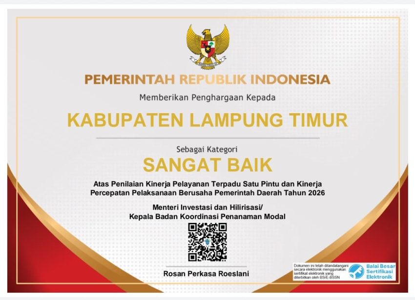 Lampung Timur Raih Predikat Sangat Baik dalam Penilaian Kinerja Pelayanan Publik dan Percepatan Berusaha